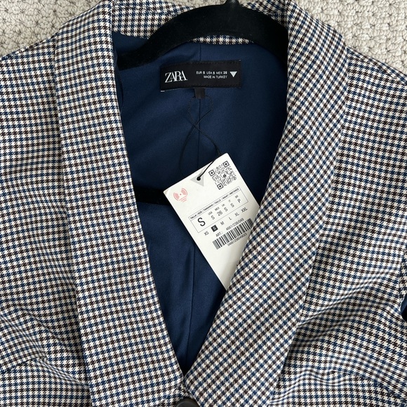 Zara NWT navy and brown mini houndstooth checkered lapel collar dress - Picture 5 of 9